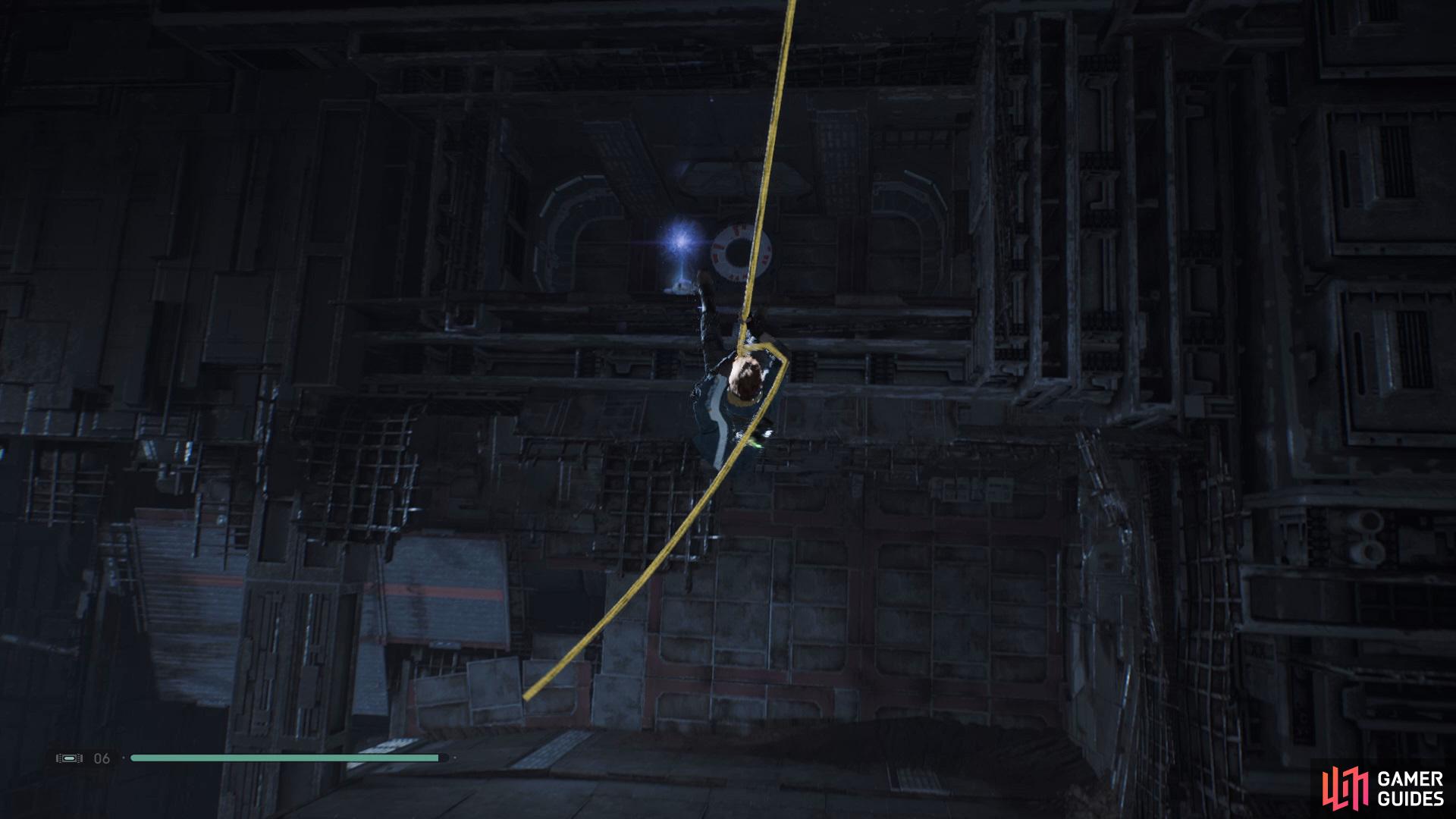 Keep climbing higher into the Venetor Wreckage and then use the rope to swing you up to the Force Essence.