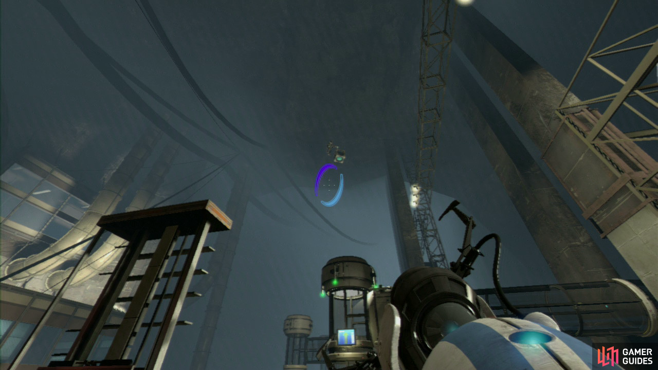 Player 2: As soon as the Displacement Cube reaches as far as where the Red Button Player 1 pushed, drop down into your portal and when you come flying out of the other side, you will be able to grab the Cube in mid-air and carry it across the gap to the platform just up ahead of you.  Now drop the Cube as you fire a portal into the wall panel in front of you (make sure it’s the entrance portal, leaving the portal on the slanted wall where it is). Pick the Cube back up and carry it through, so you arrive back on the main platform along with player 1. Stand in front of the laser beam with the Displacement Cube and reflect the laser so it’s hitting the power receptor in front of the giant fan, shutting it off temporarily.