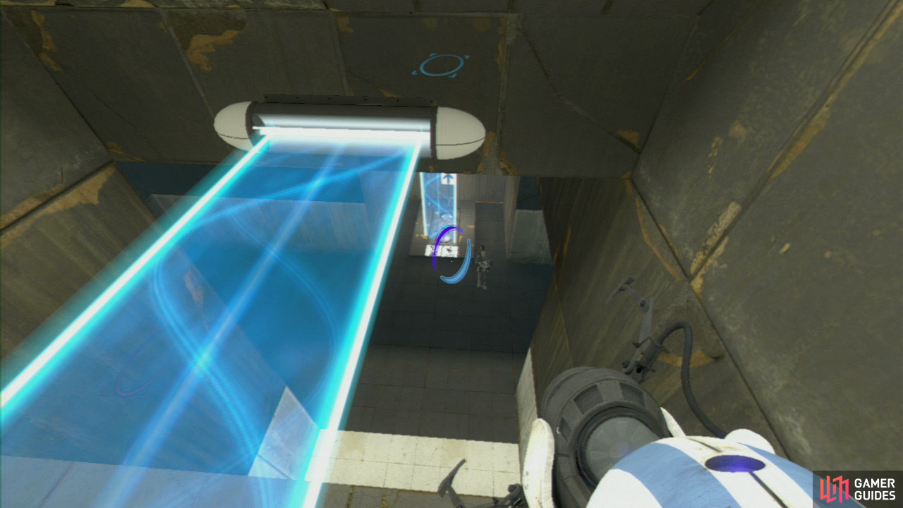 Player 1: There’s an Arial Faith Plate located on the floor to your right at the start of this test chamber, so place your portal on the ceiling above it and then on either the far left or far right-hand side of the floor opposite (the centre has a permanent light bridge in the way). Jump off the Faith Plate and steer yourself onto the light bridge. Fire a portal into the wall by the light bridge and remember what colour portal you used!