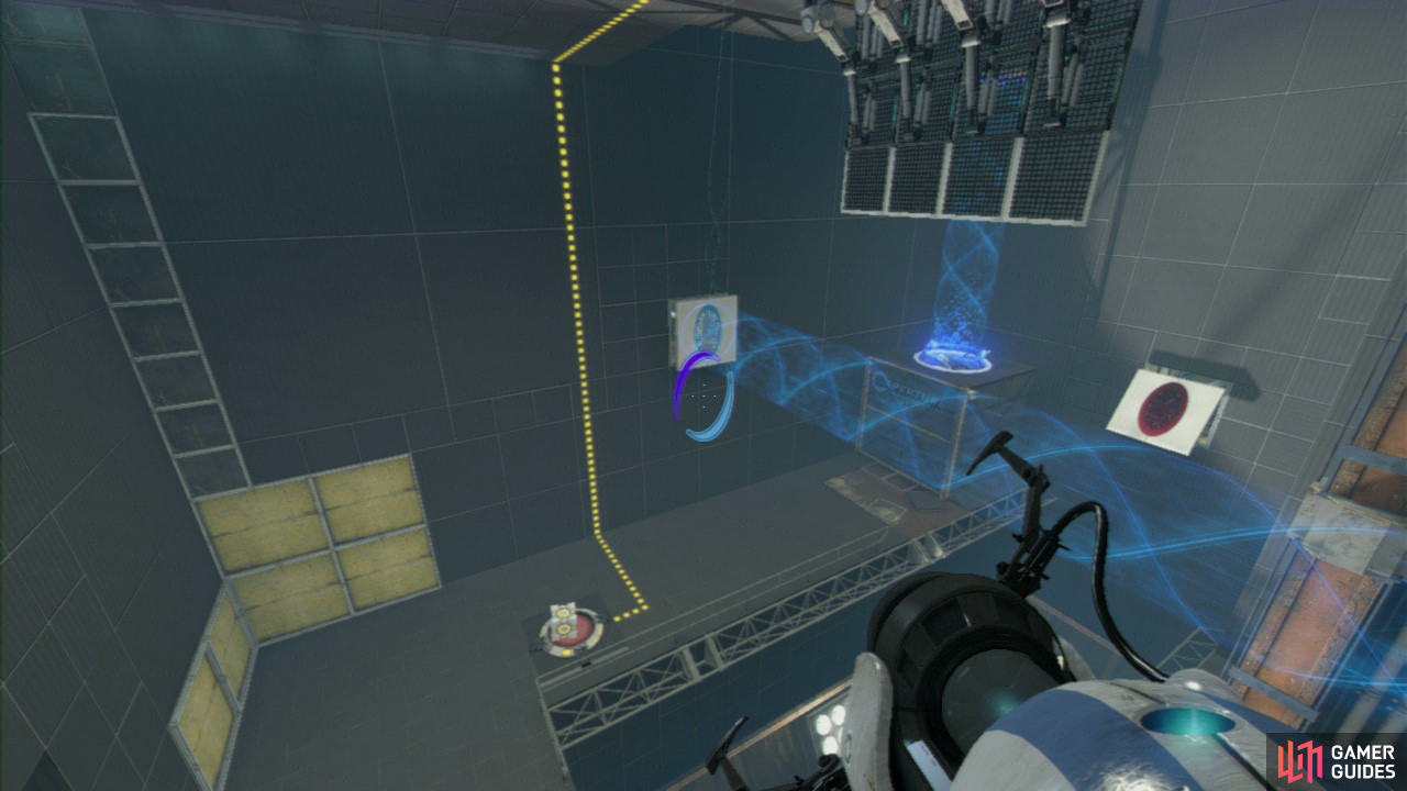 Player 1: Once the Cube is on its resting place, reset your exit portal so the funnel is once again coming out of the horizontal panel on the ground (allowing you to jump in and ‘float’ up to the ceiling). Ask player 2 to join you afterwards so you’re both in the same excursion funnel at the same time.  Once you’re both ready, look back towards the wall ahead of you and place the portal on the vertical wall panel (once again creating a horizontal funnel moving towards the exit). This’ll immediately cause you both to drop towards the ground.  Player 2: As soon as you’re both hurtling downwards, very quickly place an entrance portal below you, allowing you both to hot the barrier, drop into the funnel and get carried over towards the exit!