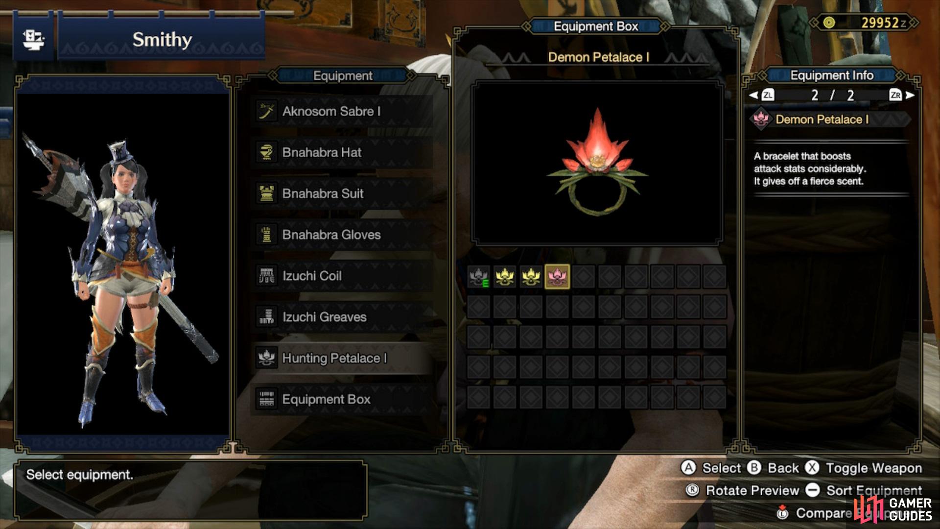 Equip different Petalaces from the Item Box.