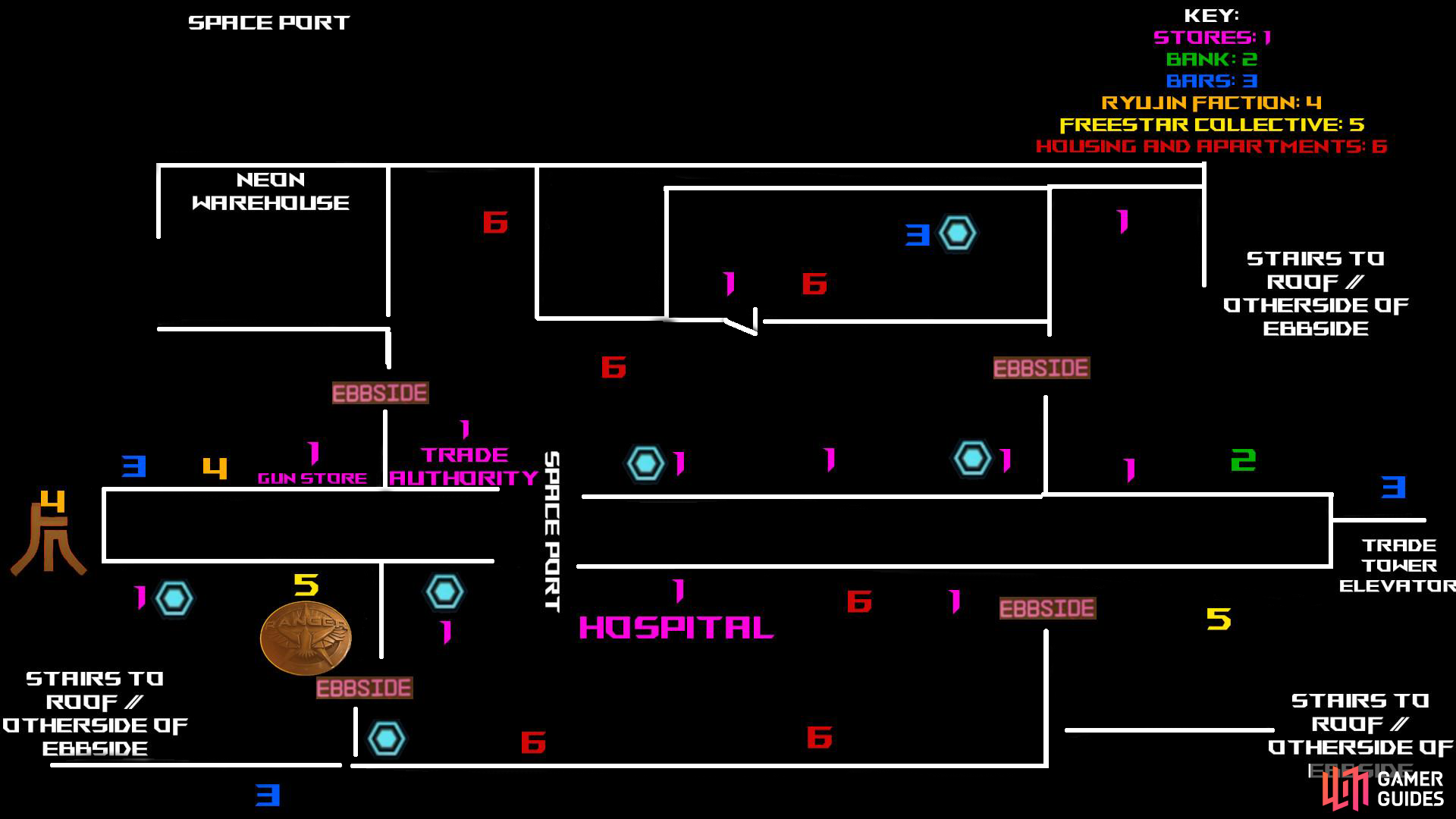 A rough sketch of the Neon City Map in Starfield, offering a key to all important locations and POIs as you visit this city in Starfield.