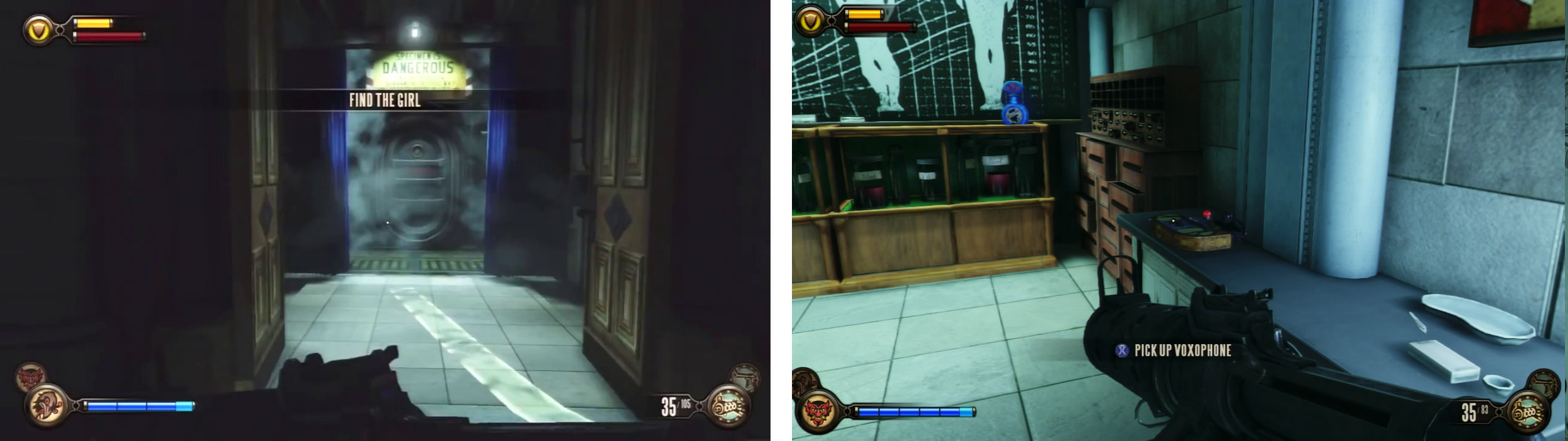 Enter the door on the left of the hallway (left). Inside you’ll find a Voxophone (right).