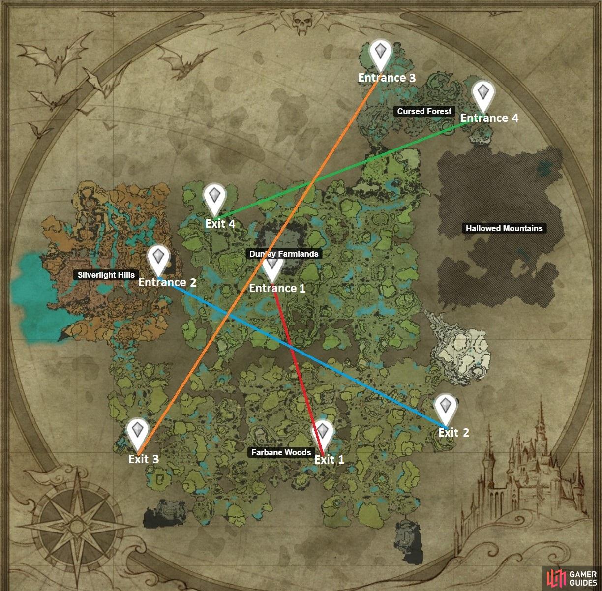 This map shows where specific Cavepassage Entrances lead to their corresponding Exits.