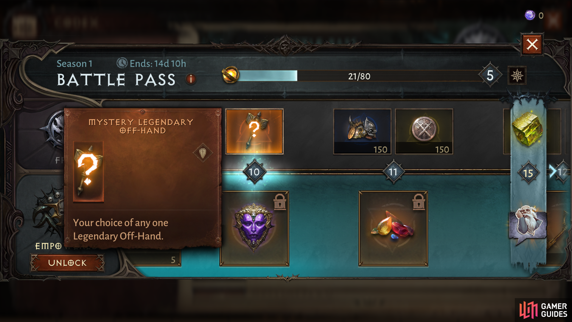 You’ll get your first Legendary Off-Hand Weapon upon reaching Rank 10 in the Battle Pass.