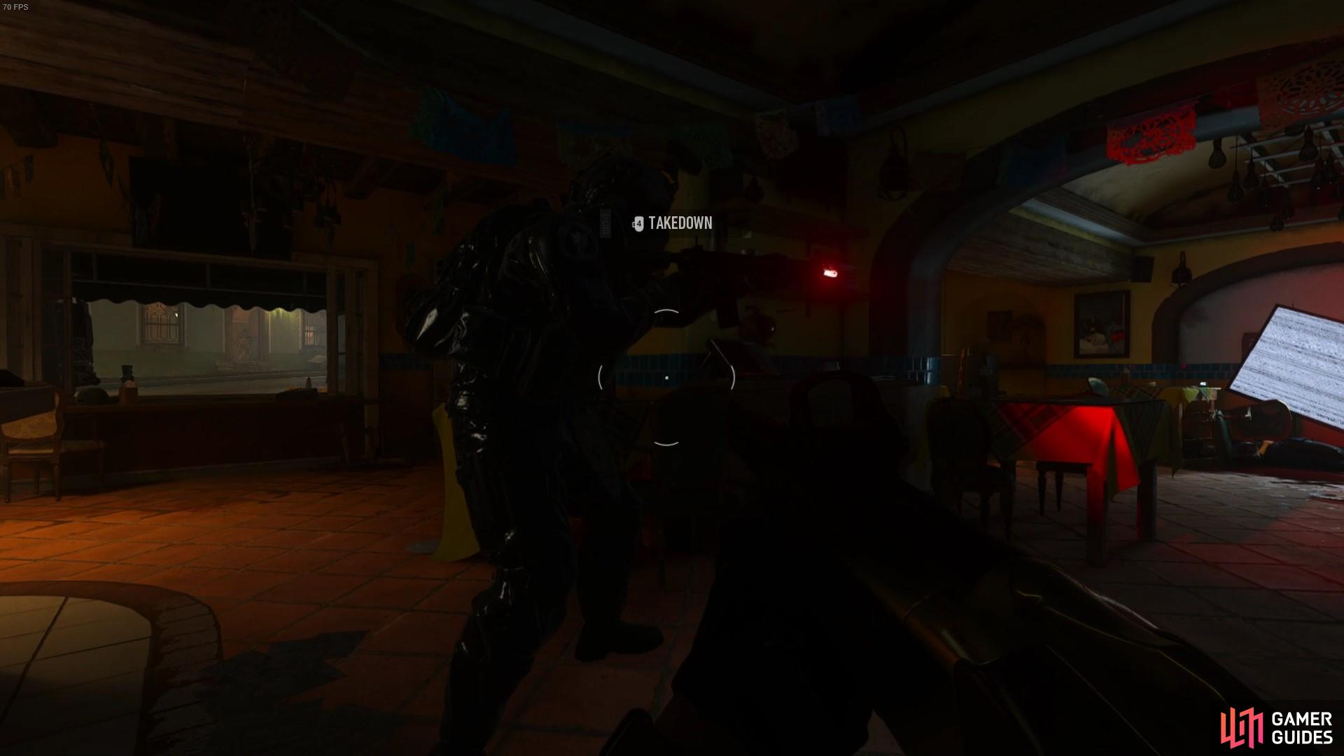 Hide in the diner, rigging it with mines at the door and baiting others with stealth takedowns using smokes and bottles.