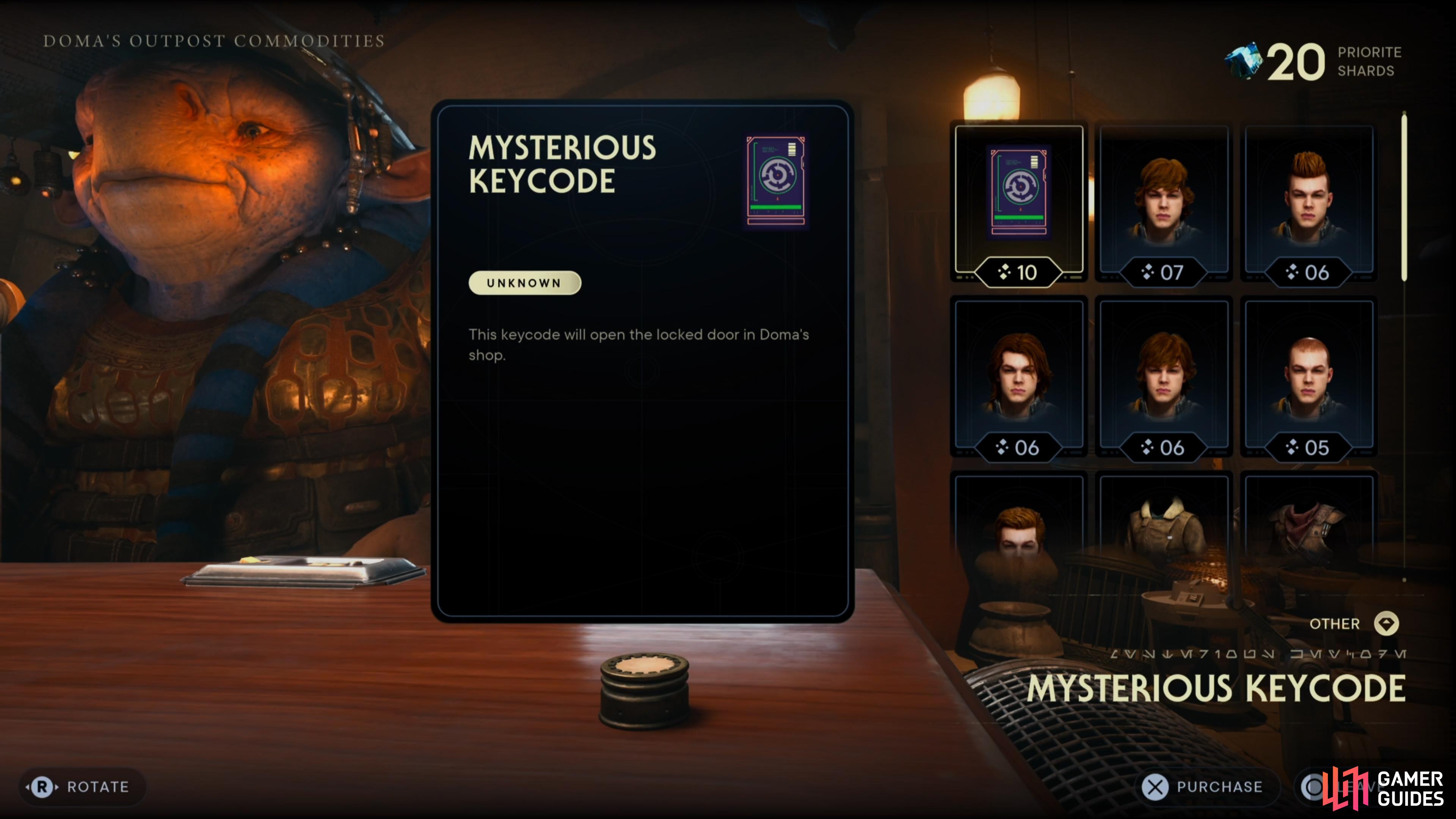 You can purchase the Mysterious Keycode at Doma’s Shop on Koboh.