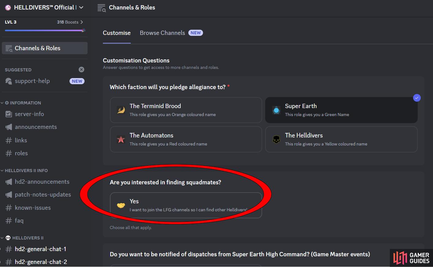 Select “Yes” to signal that you’re interested in finding squadmates in the Helldivers 2 Discord to add the LFG channels.