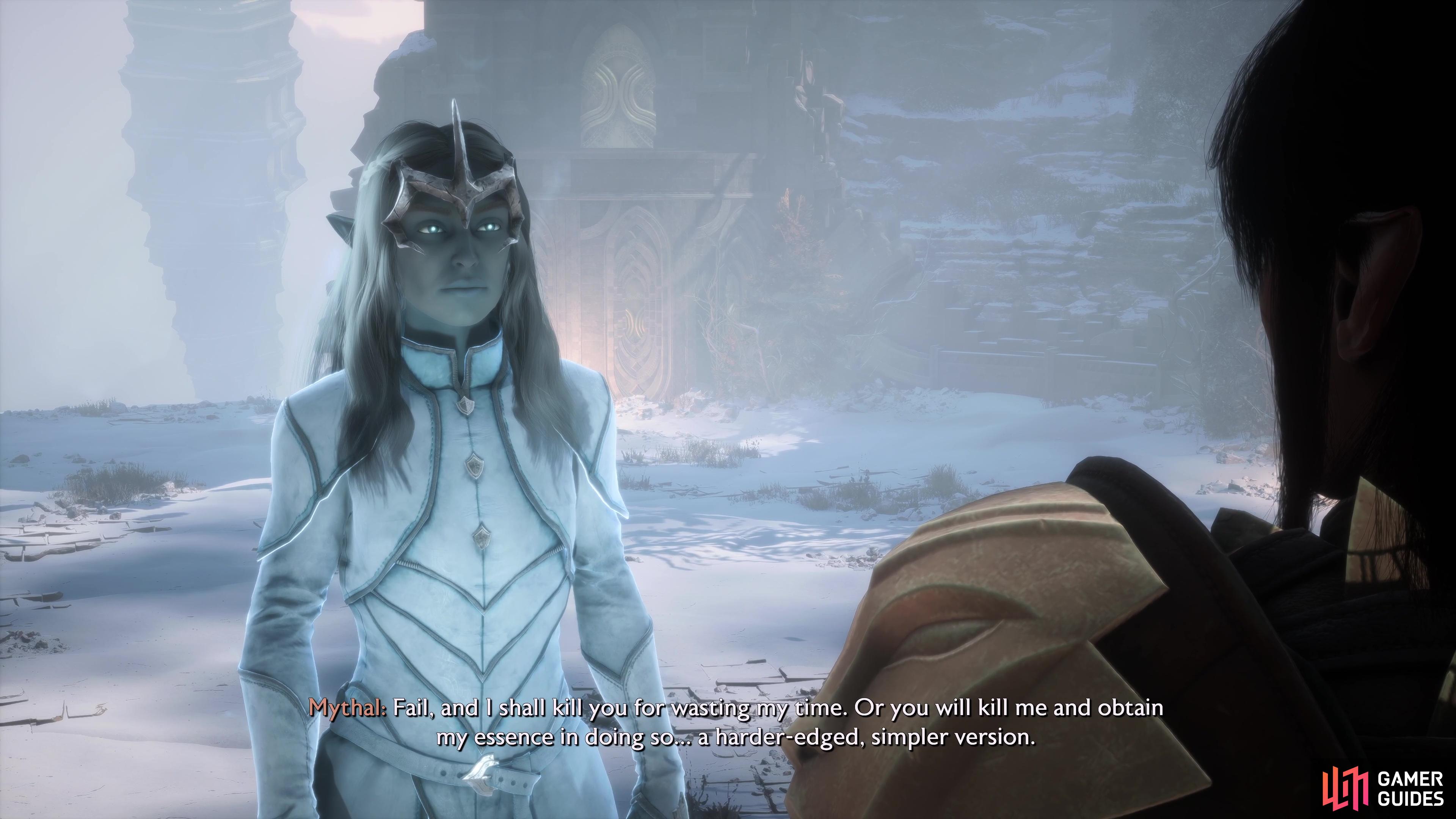 You will have to either convince Mythal or face her in a battle in Dragon Age: The Veilguard.