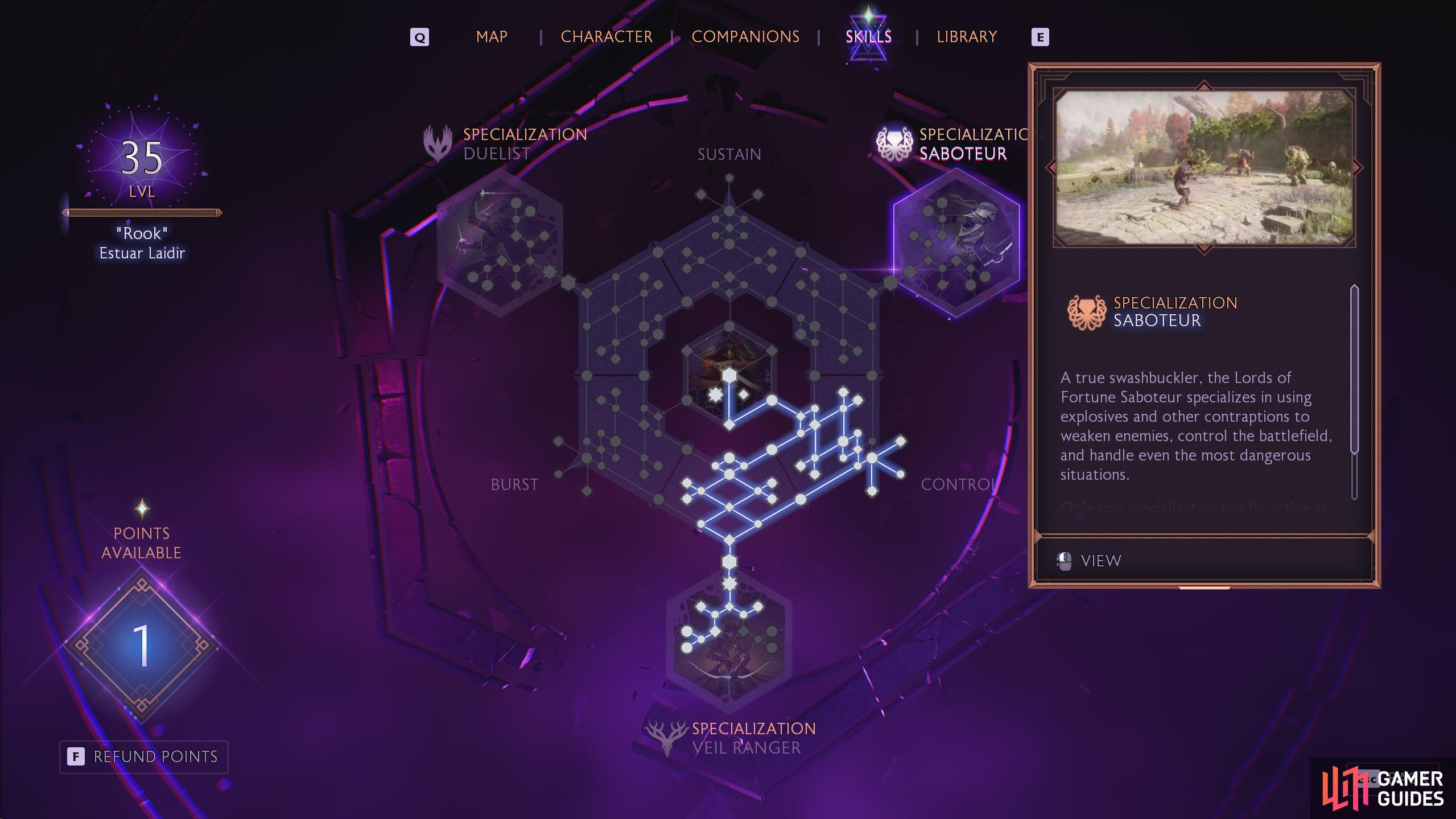 The Saboteur specialization is located at the top-right of the Skill Tree.