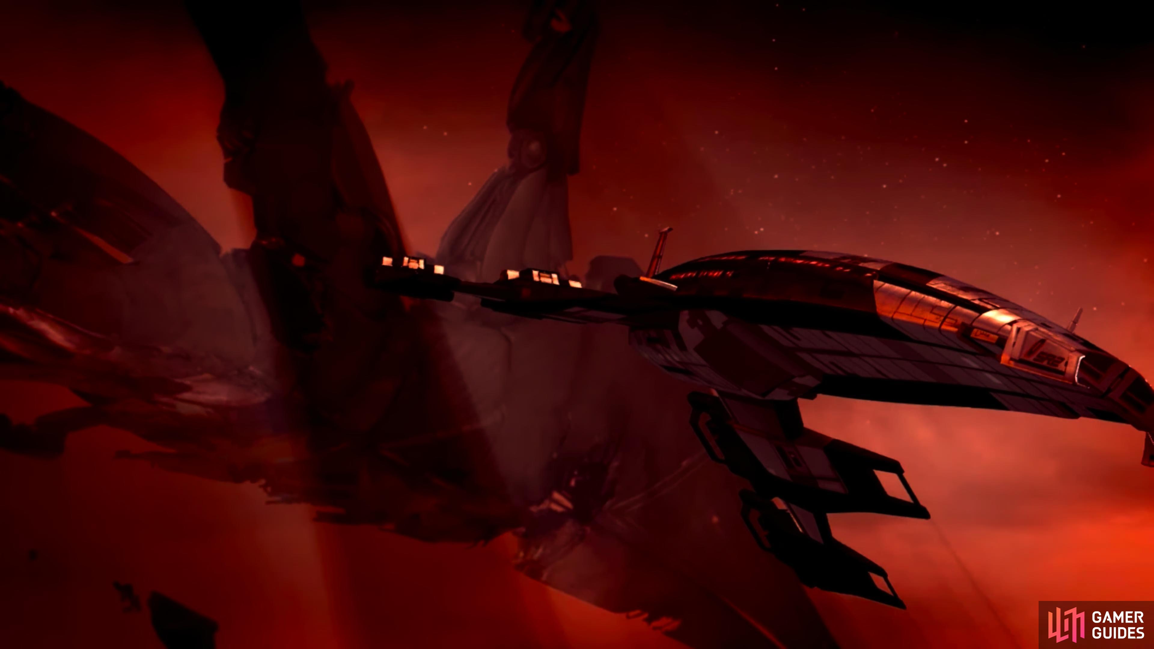 The Normandy leaves the moribund Reaper ship.