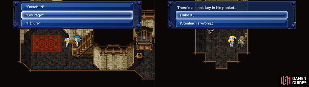 The password for the boy to open the passage is “Courage”. After freeing Celes, speak to the soldier to get the Clock Winding Key.