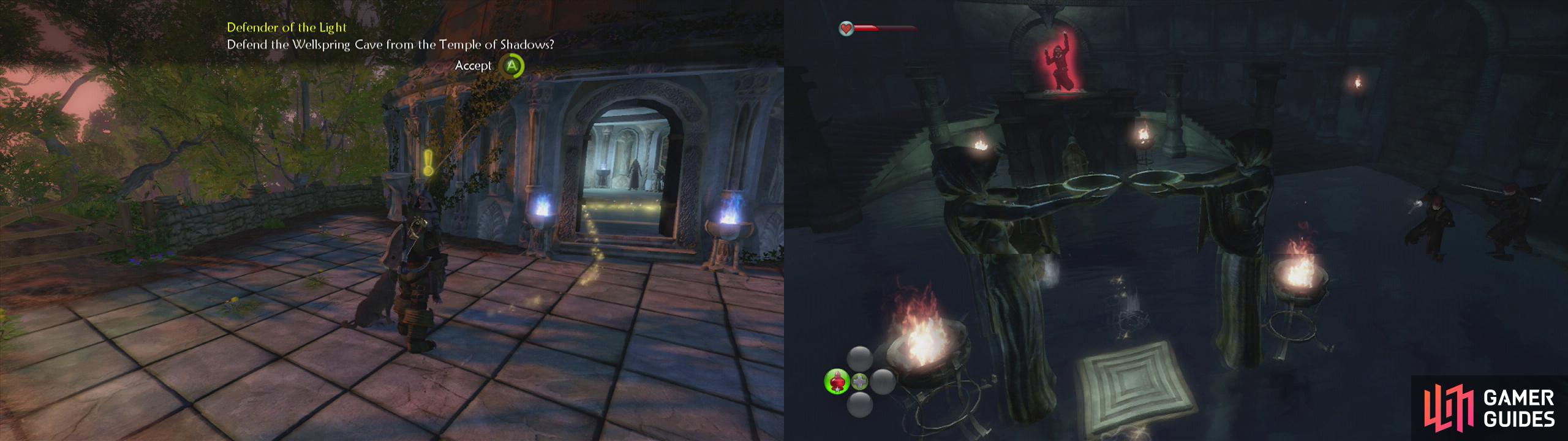 Start this quest at the Temple of Light in Oakfield (left). Its time to clean up the Wellspring Cave… Again (right).