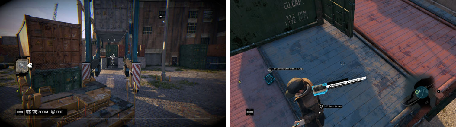 Find the gate switch via the cameras (left) and then climb the crates and get the third Engineers audio log (right).