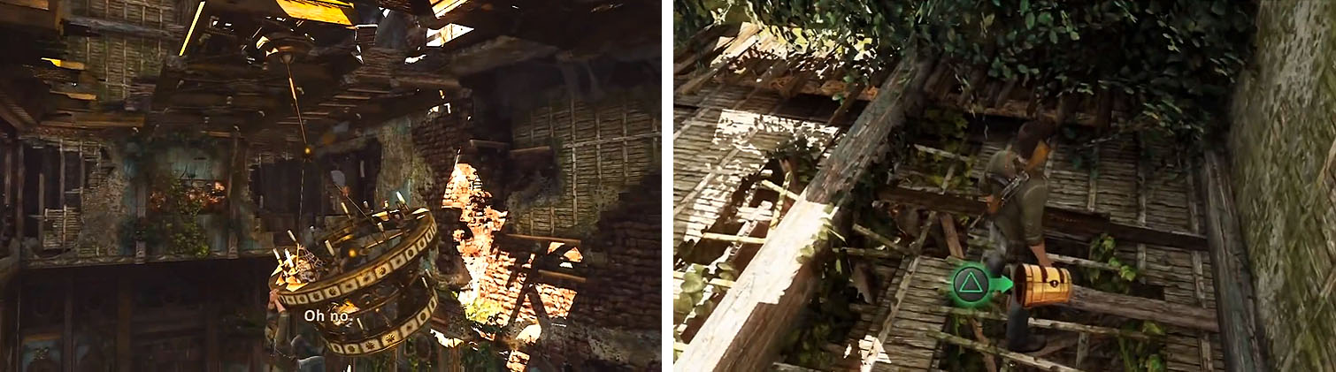 Climb across the chandelier (left) to drop the ceiling and reach the treasure above (right).