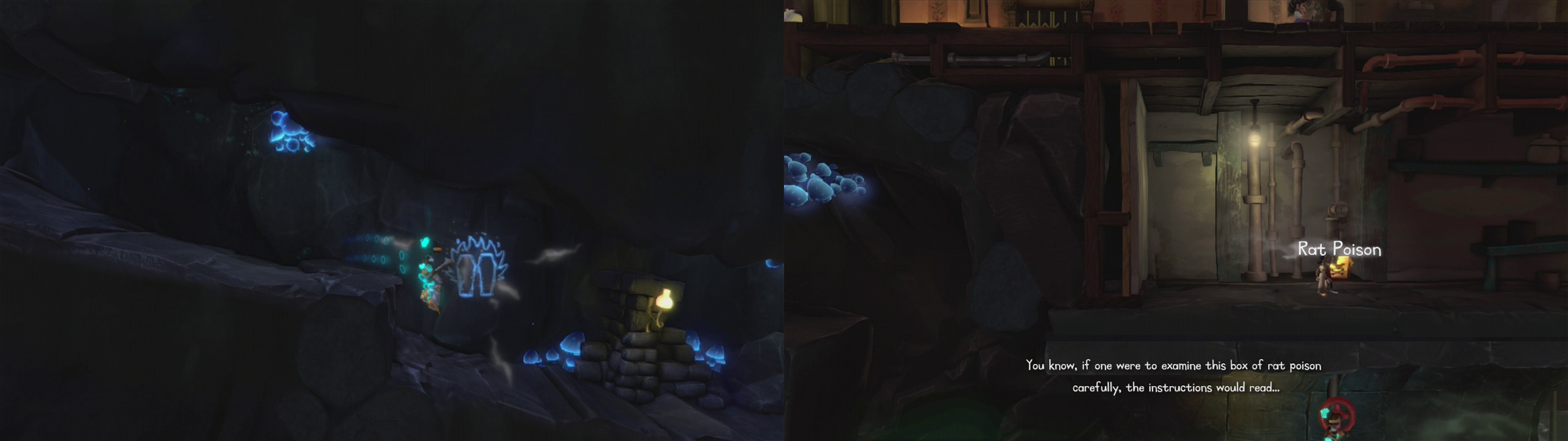 Switch characters and grab the Cave Painting as you move below the house (left). Use the valve to turn off the steam and then have the Twins grab the rat poison (right).