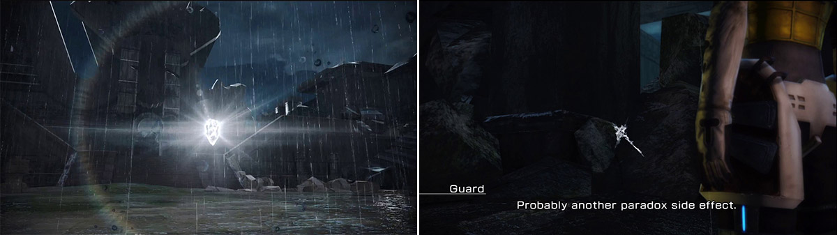 Gotta catch ‘em all (left). An example of a concealed item. Look around areas for these mirages and keep an eye on Mog’s reactions when you approach a new area (right).