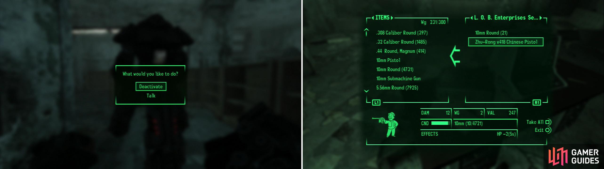 With a high Sneak score and the Robotics Expert perk, dealing with the robots here will be no problem (left). Your prize for scouring the L.O.B. Enterprises building is the Zhu-Rong v418 Chinese Pistol (right).