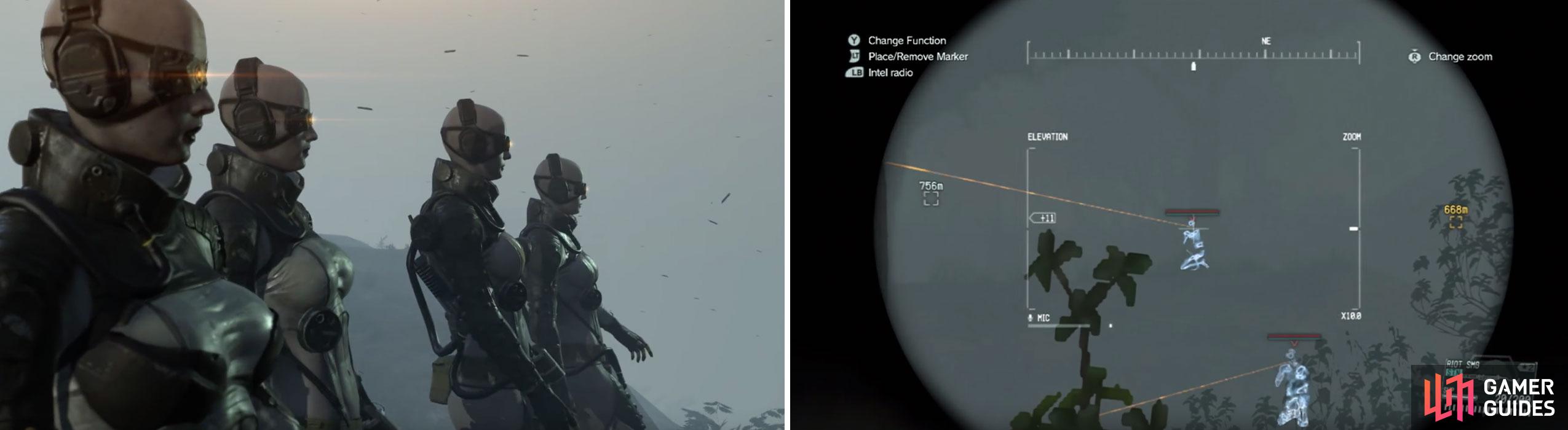 In this fight you will be against four snipers (left) so use your binoculars to locate, target and eliminate (right).