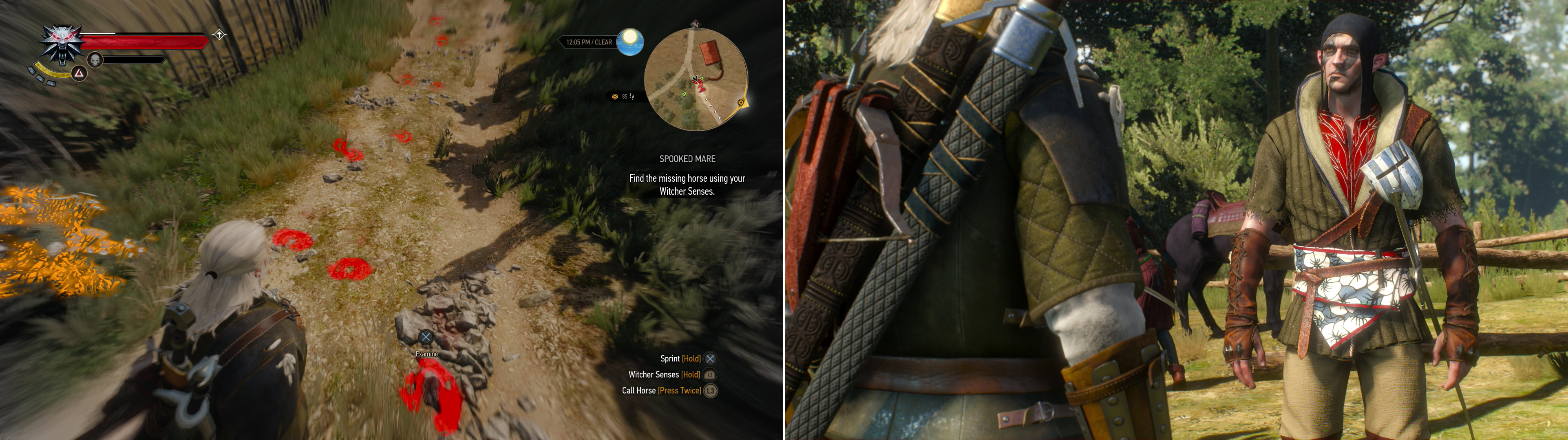 Activate your Witcher Senses and follow the stolen horse’s hoof prints (left. They’ll lead you to the culprits, who, while not human, aren’t quite worthy of the title “woodland spooks” (right).