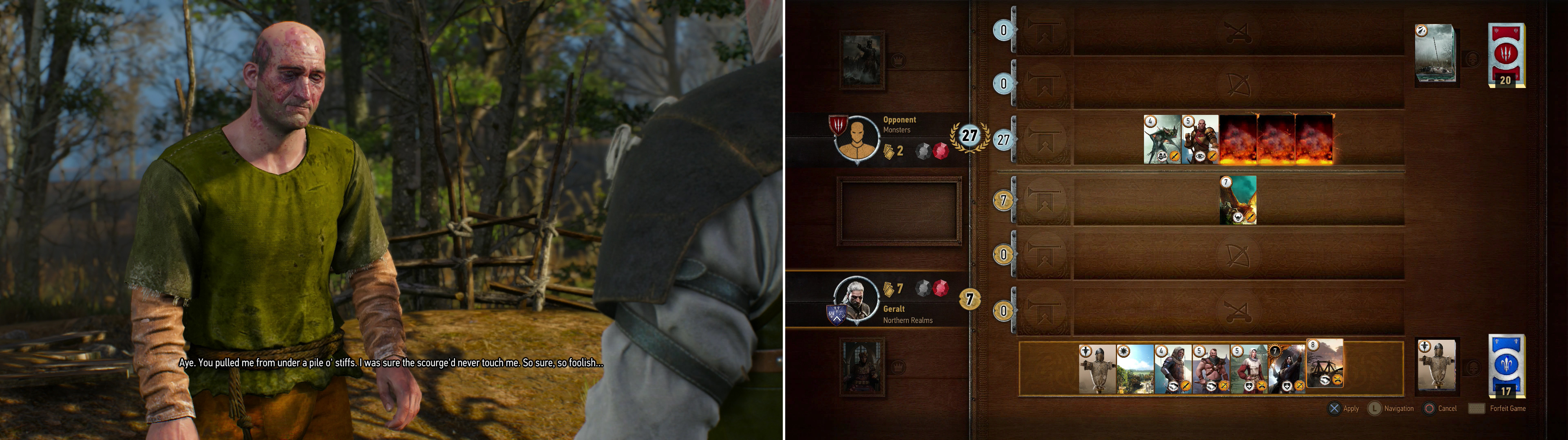 If you encountered him along the road earlier, old Gert can be found between the Nekker nests, apparently quite worse off for his corpse mishap earlier (left). You can use Vellentretenmerth to good effect against the Old Sage’s Muster-heavy Monster deck (right).