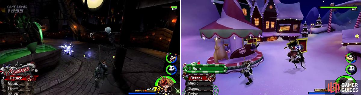 There are some weird creatures in Halloween Town (left). Hit the carousel (right) to help you defeat the enemies faster.