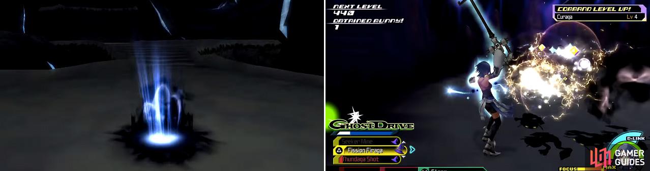 The darkness spots have enemies in them (left). Equipping abilities that have area of effect damage is a must here (right) as you will fight a lot of enemies at once.