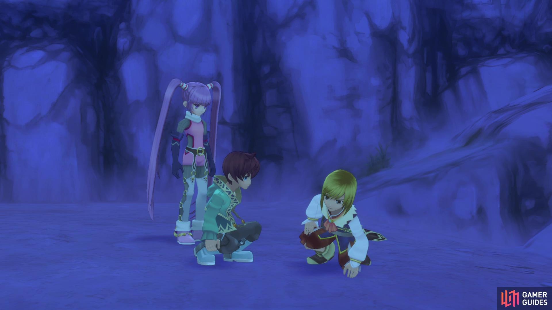 Asbel, Sophie and Richard fall down the cliff, onto the beach below.