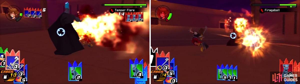 Hades shoots flames from his hands (left). Sora failed to dodge the painful Firagaball (right).