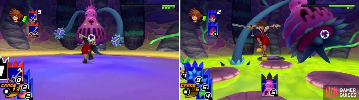 The Gimmick card made it easier for Sora to get close to Parasite Cage (left). The Parasite Cage lunges as Sora jumps away (right).