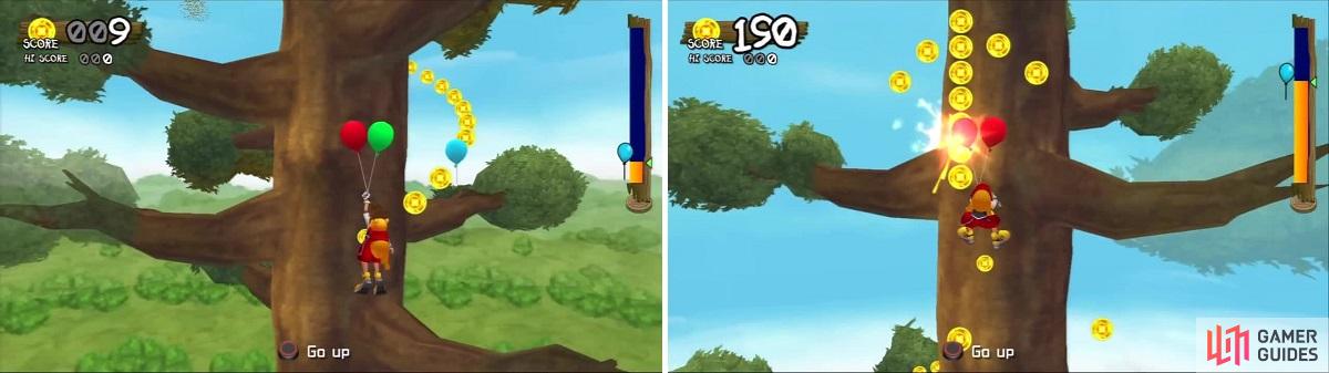 The ballons help you float to the top of the tree (left), but can be popped if you hit bees (right).