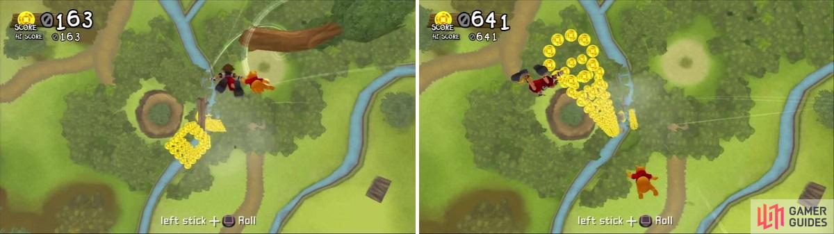 Sora and Pooh freefall and collect prizes (left). Pooh gets seperated from Sora after they hit an obstacle (right).