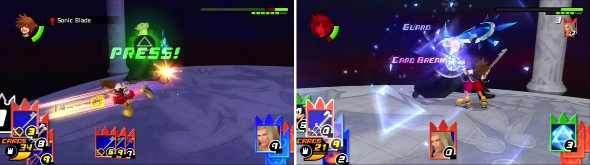 Vexen is easy prey to Sonic Blade (left), but can strike back with his shield (right).