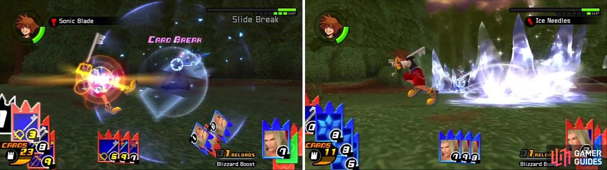 Sora is able to cardbreak Vexen’s Slide Break sleight (left), but has to run around to dodge the Ice Needles (right).