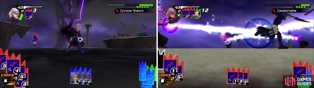 Riku gets caught in Cyclone Snatch and loses some cards (left). Zexion uses his clones to unleash Catastrophe (right).