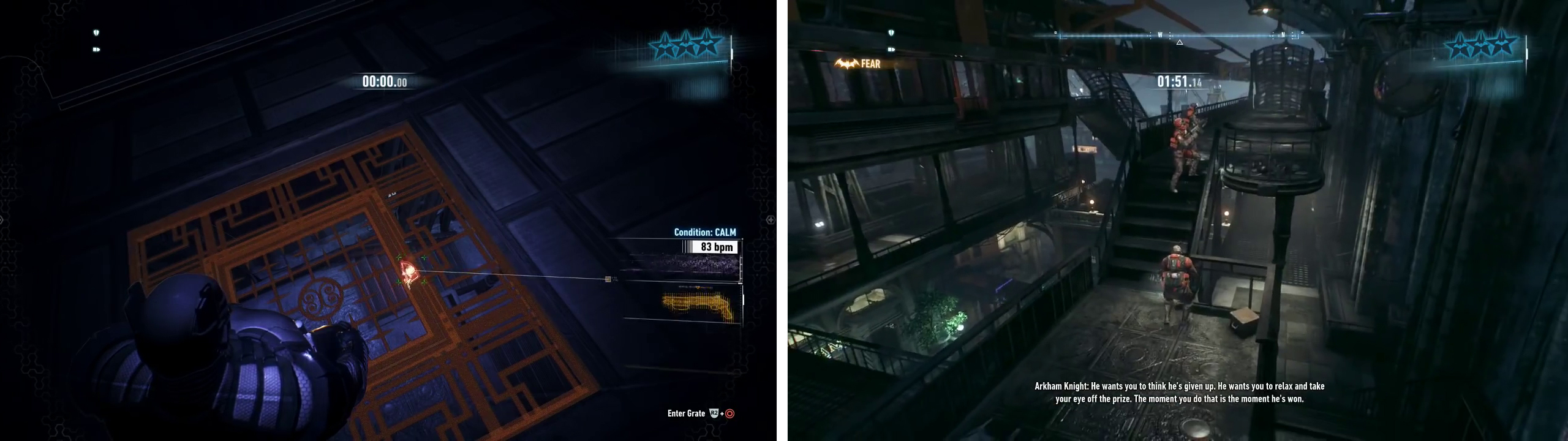 The ceiling grates are especially useful in this challenge (left). Use the Voice Synthesizer to lure enemies together for a Fear Multi-Takedown (right).