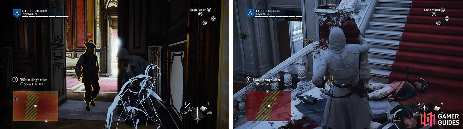 Draw the guard over with line of sight to cover kill him (left) and then head back to the staircase and hidden blade the guard in the middle (right).