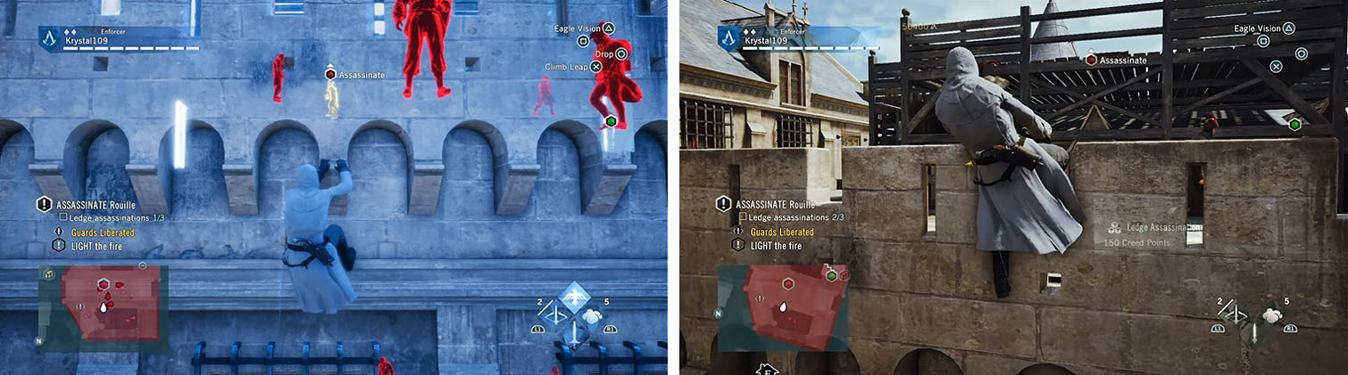 Carefully climb over over to the guard via the lowest part (left) and then move up and ledge assassinate the snipers.