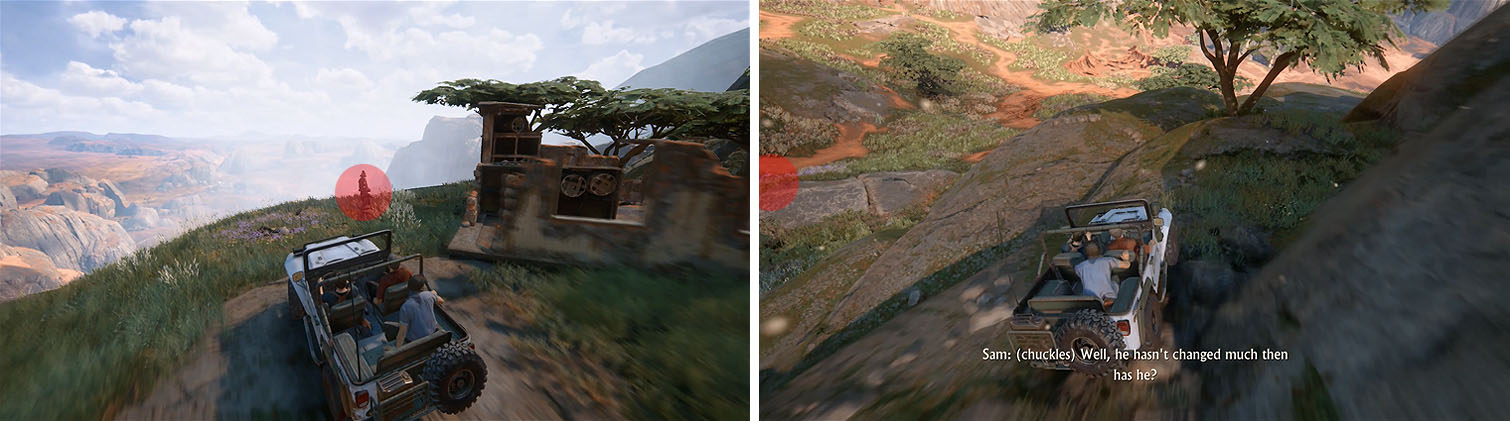 There is a cairn at the top of the hill near the ruined building (left). On the way back down head for the flat rock with another cairn that’s easy to miss (right).