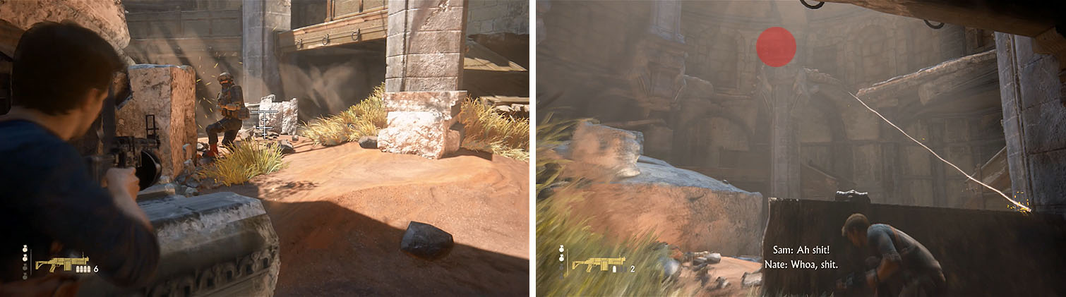 Use grenades to take out the heavy armored enemies first (left) and then move up the levels for a height advantage or a grenade launcher enemy will (right).