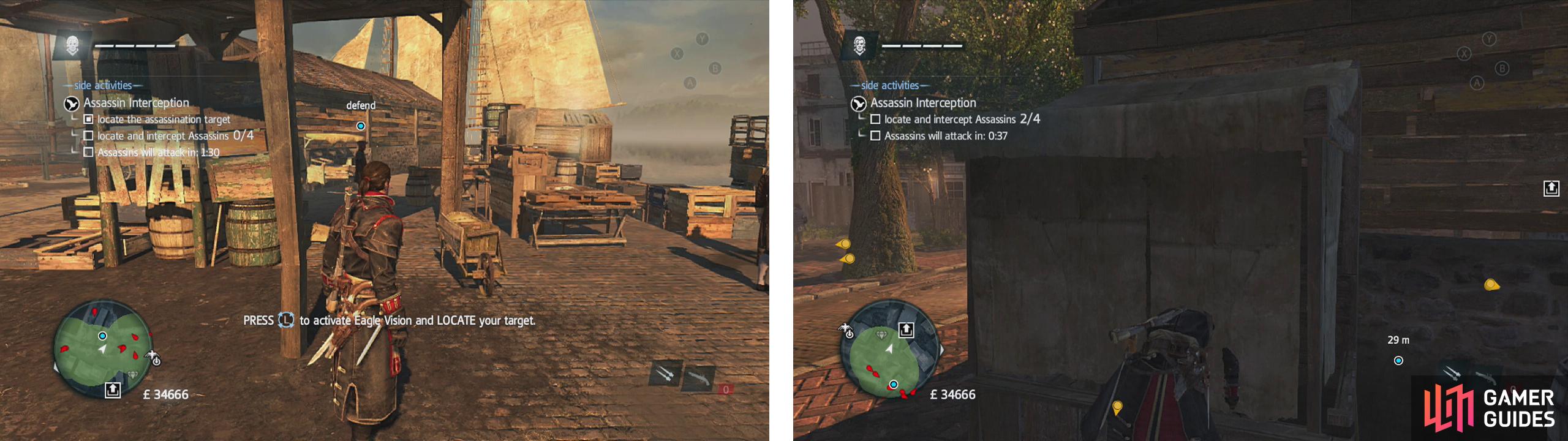 The target can be found on the nearby dock (left). Watch out for the assassin hiding in the closed stall (right).