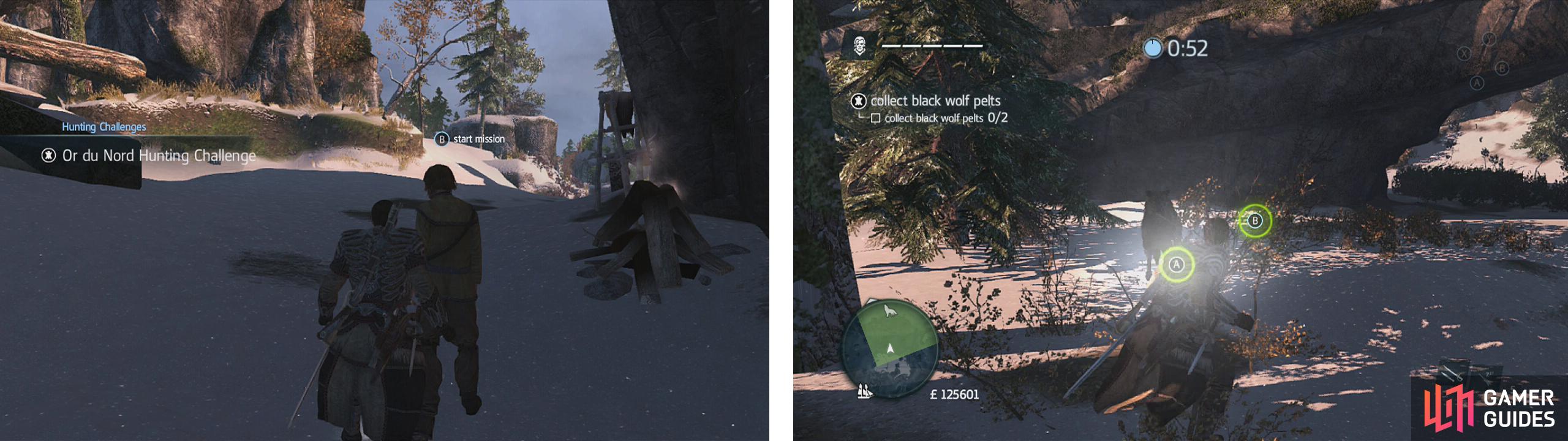 Approach the hunter to start the challenge (left). Approach wolves to have them attack you, press the buttons in sequence to kill them (right).