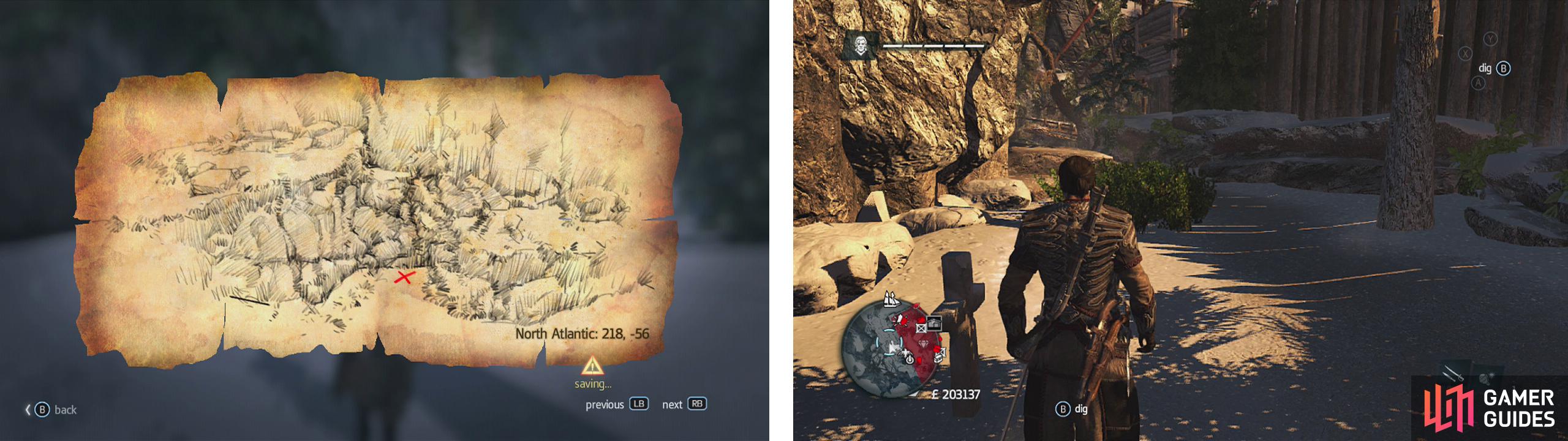 Go to the co-ordinates on the map (left) and find the location drawn (right) to find a dig spot.