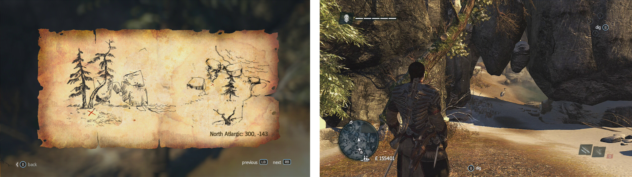 Go to the co-ordinates on the map (left) and find the location drawn (right) to find a dig spot.