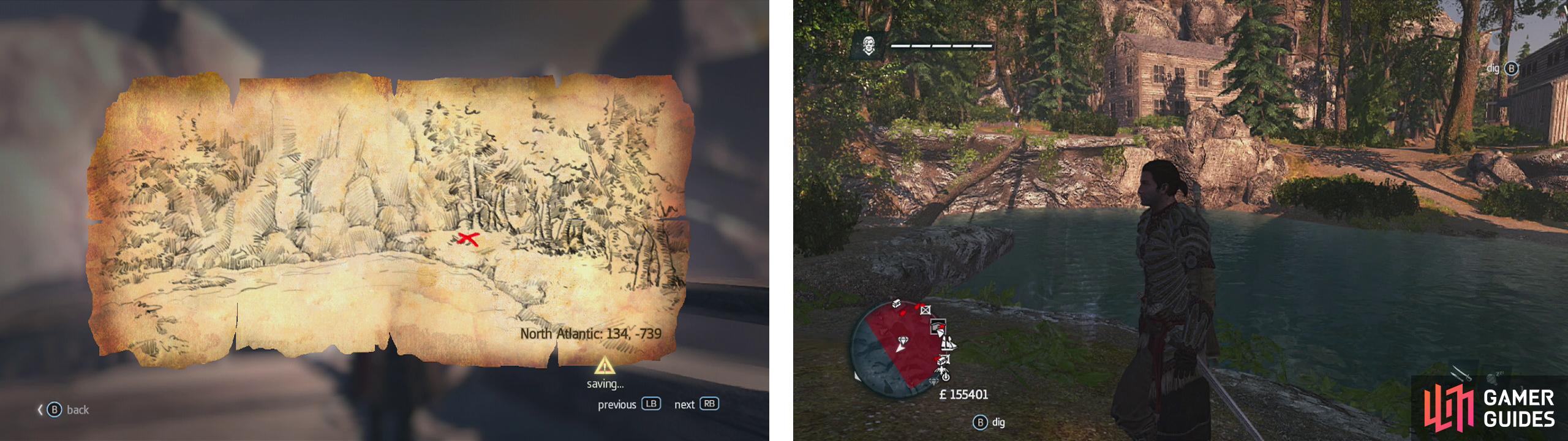 Go to the co-ordinates on the map (left) and find the location drawn (right) to find a dig spot.