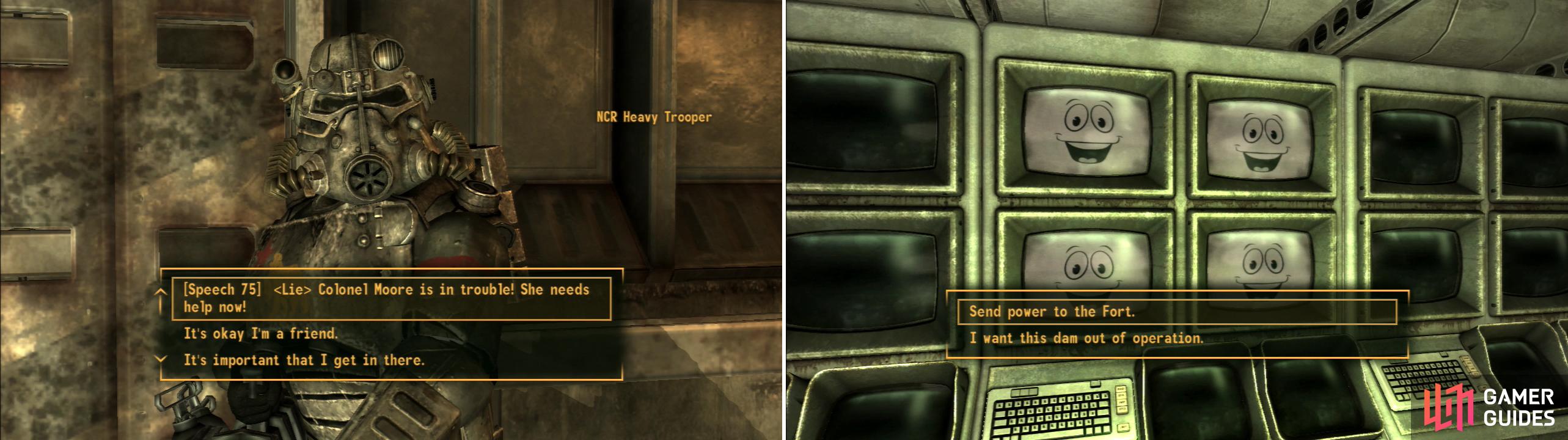 You can get past the NCR Heavy Troopers guarding the control room with a ruse, or with violence (left). Once inside, make your decision; do you awaken your Securitron army, or do you sabotage the Hoover Dam? (right)