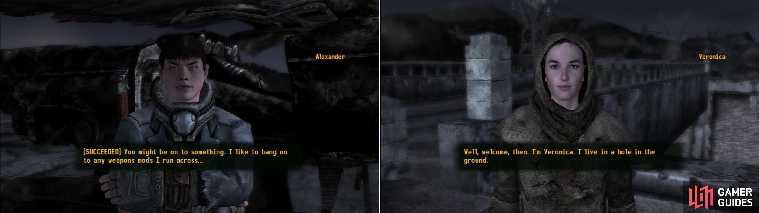 Alexander is a representative of the Gun Runners, making him a great source for weaponry… if you can talk him into doing business with you (left). You can also find Veronica, the black sheep of the Brotherhood of Steel (right).