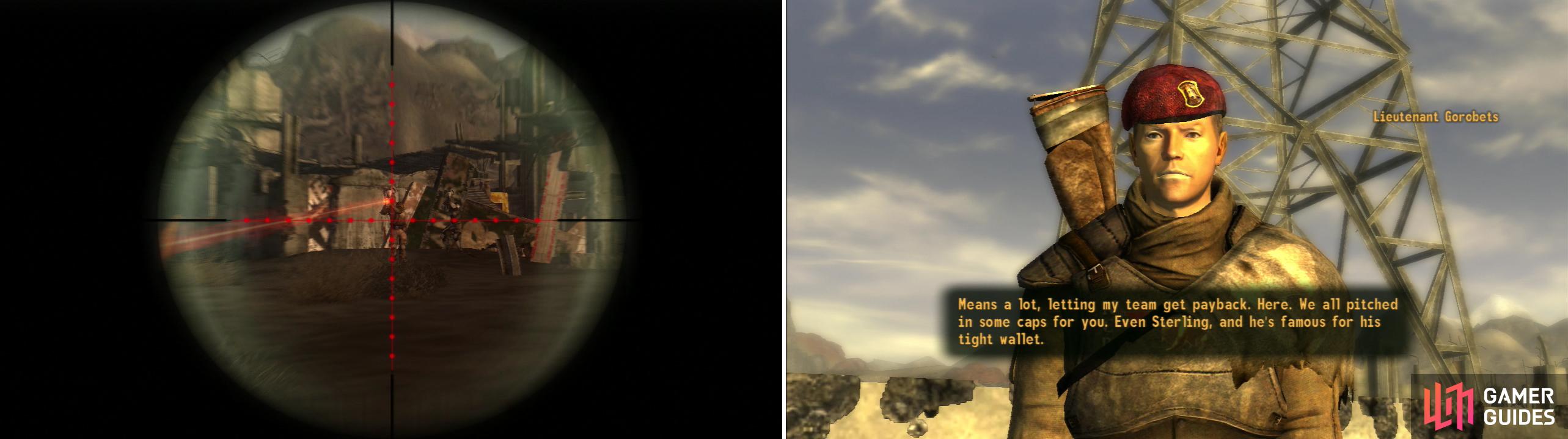 Eliminate Driver Nephi’s henchmen (left) then lure him into the line of sight of the 1st Recon snipers. For serving as bait, Lieutenant Gorobets will reward you (right).