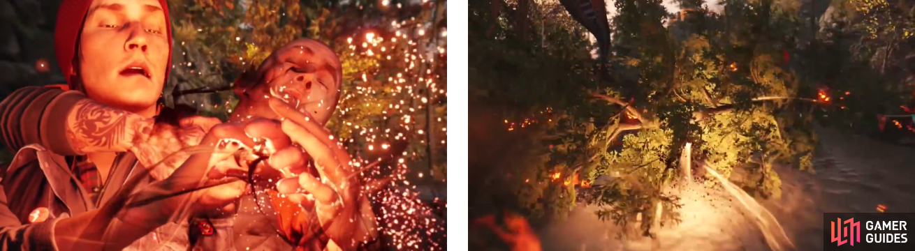 Delsin absorbing the powers from the escaped convict (left) and utilizing them to pass through a fallen tree (right).