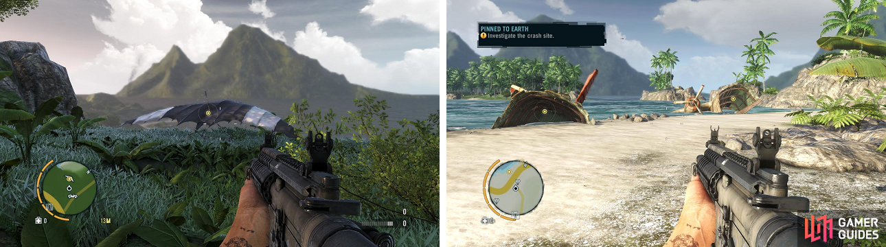 Use the glider (left) to get down to the beach, where you will find a wrecked plane.